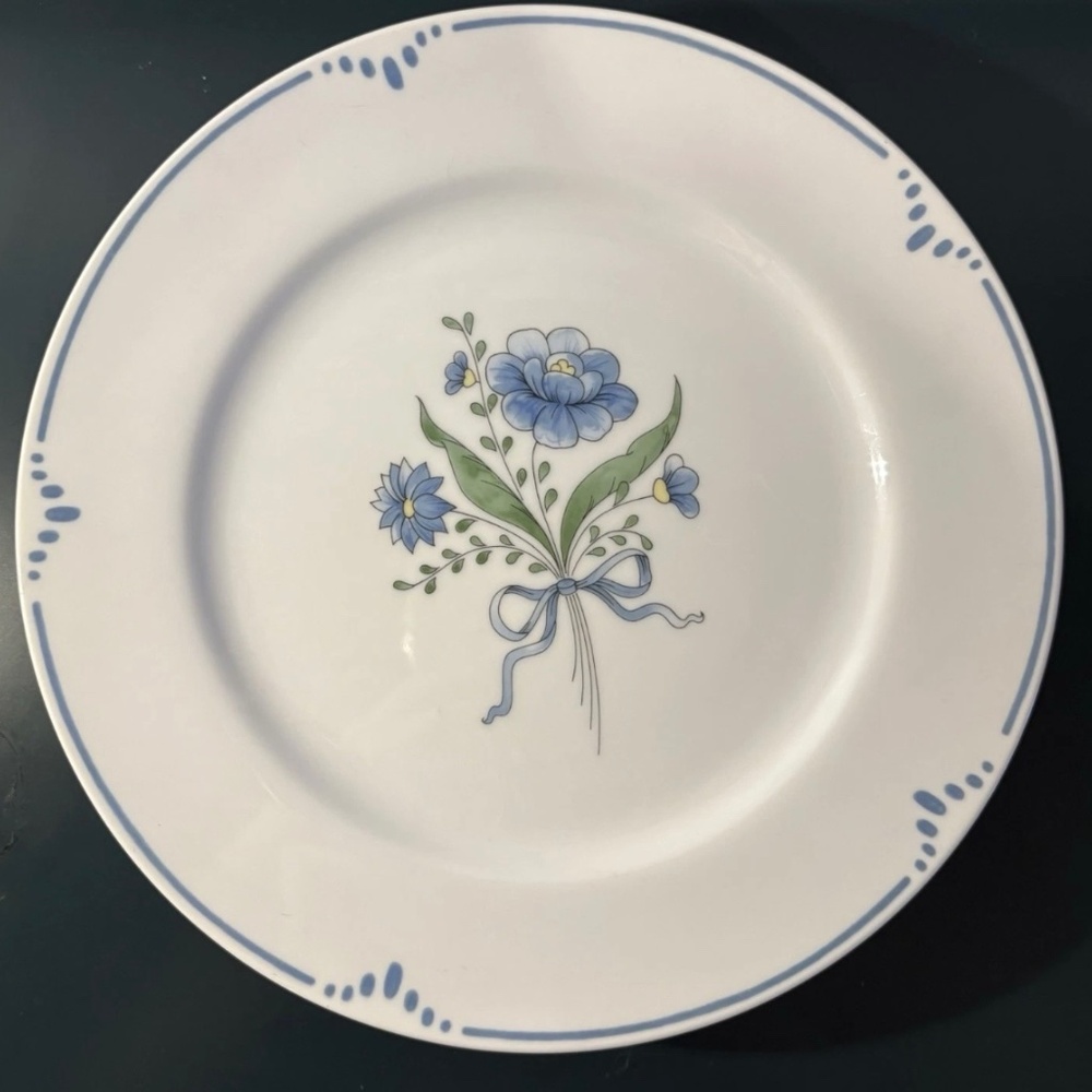 ‘Dijon’ Fitz & Floyd Blue Flower Dinner Plates (10.5in) Set 4 VTG Japan